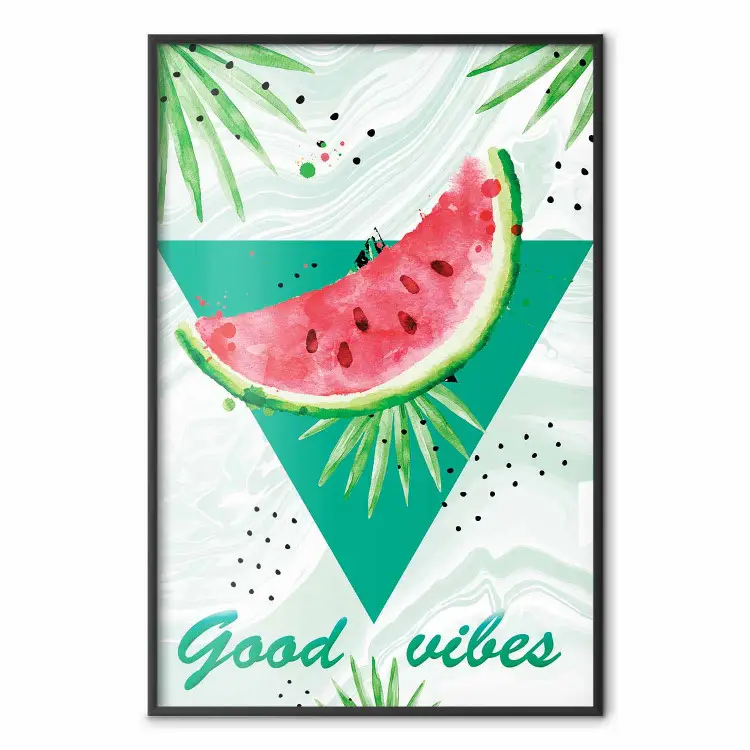 Bonnes vibrations - composition avec texte vert et plantes tropicales