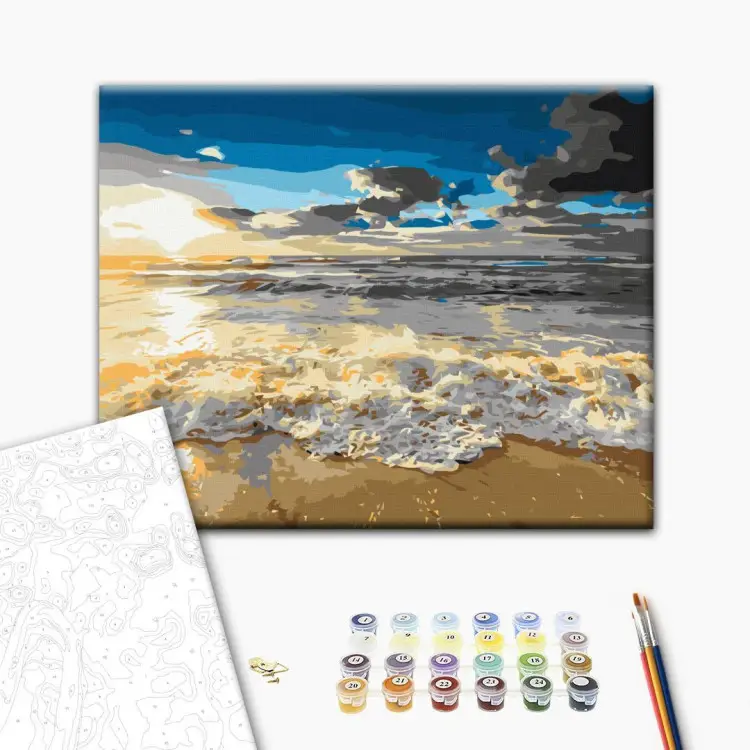 Couleur par numéros - Paysage marin avec bateau, plage, mouettes et œuvre d' art - Kit de peinture pour adultes débutants sans cadre - Décoration