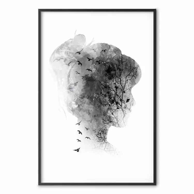 Esprit ouvert - abstraction noir et blanc avec portrait de femme