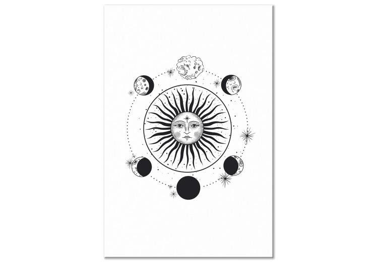 Tableau sur toile Phases de la lune et soleil (1 partie) - motif graphique noir et blanc