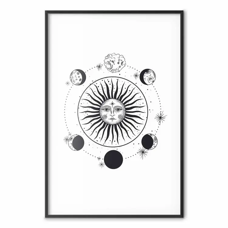 Phases de la lune - composition noir et blanc avec soleil