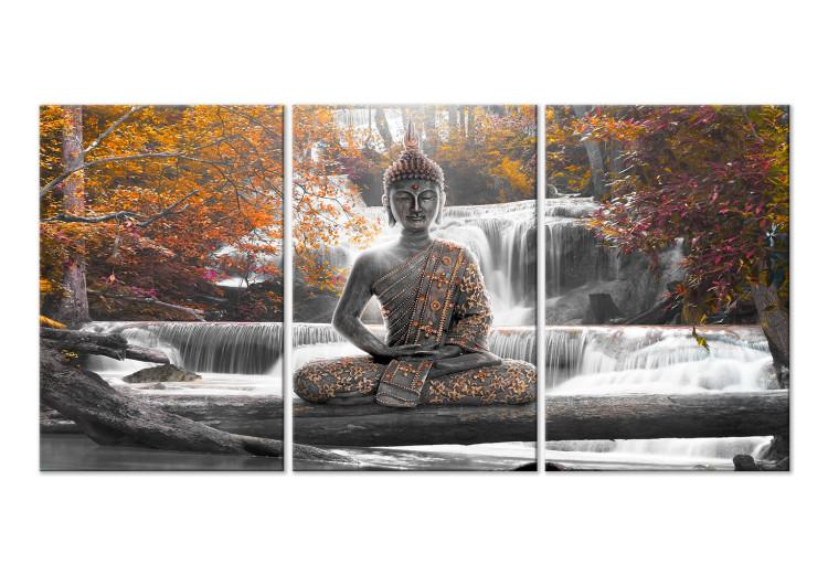 Tableau sur toile Buddha and Waterfall (3 Parts) Orange