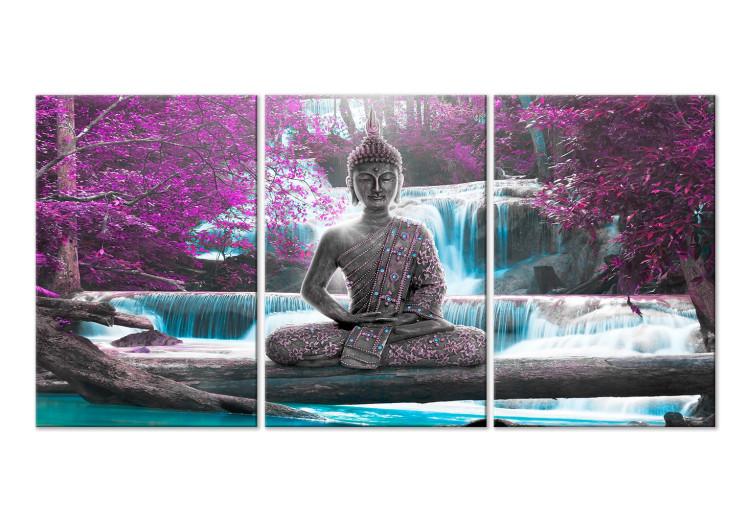 Tableau sur toile Buddha and Waterfall (3 Parts) Violet