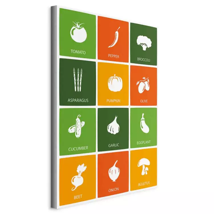 Tableau de légumes - des icônes blanches en anglais sur fond coloré
