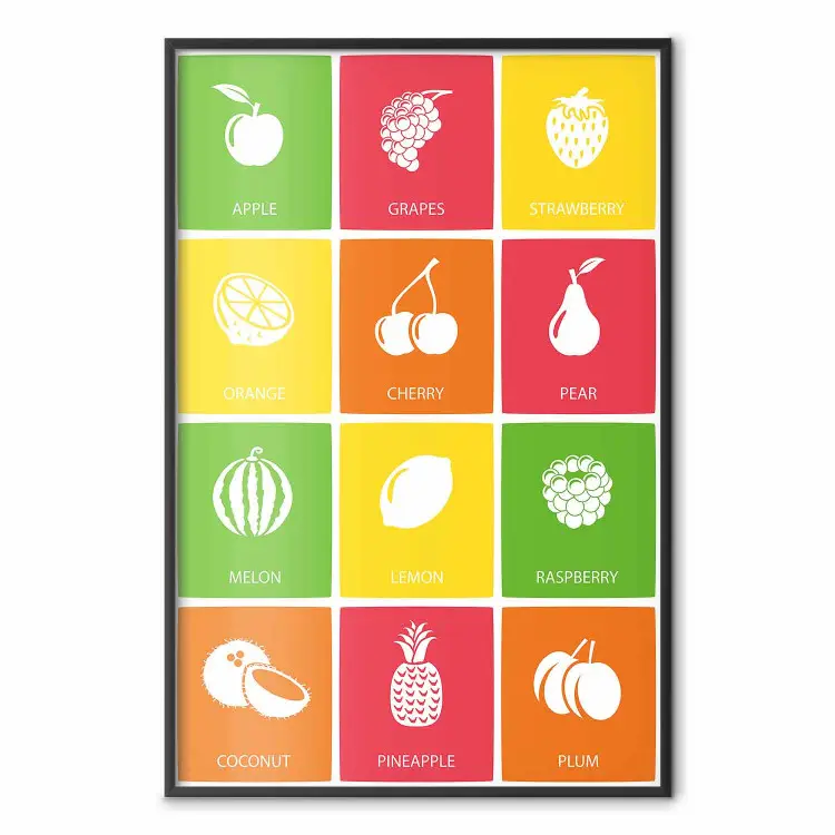 Fruits colorés - tableau avec carrés colorés et fruits