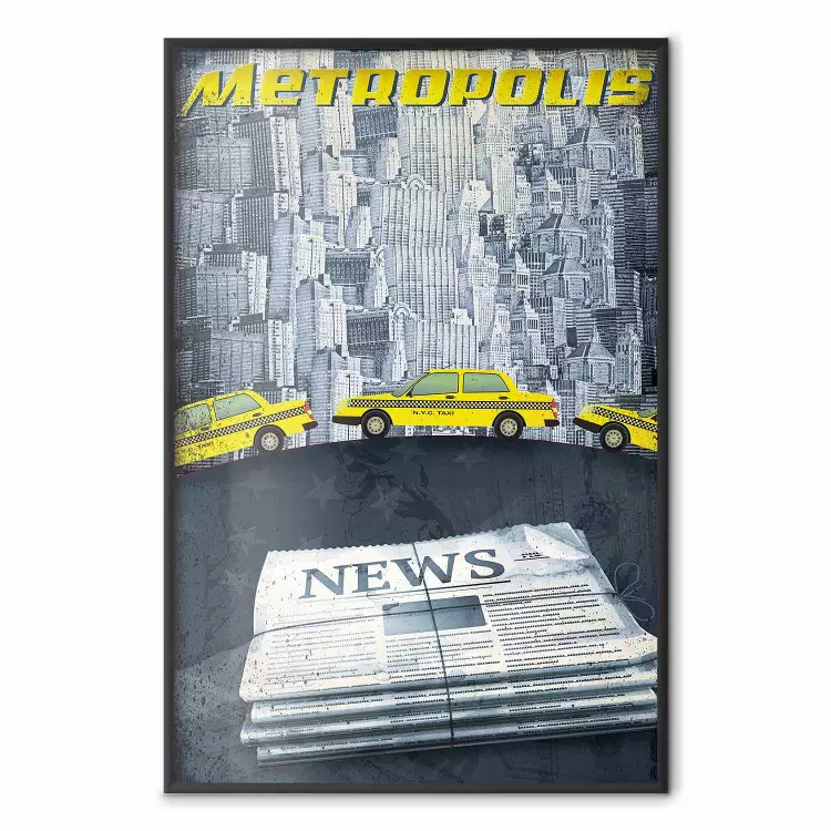 Métropole - journaux, texte et voitures jaunes, gratte-ciels