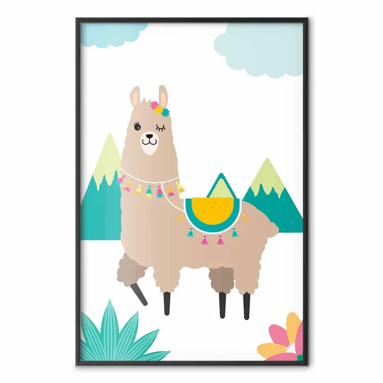 Lama extraordinaire - animal drôle et coloré sur fond de montagnes