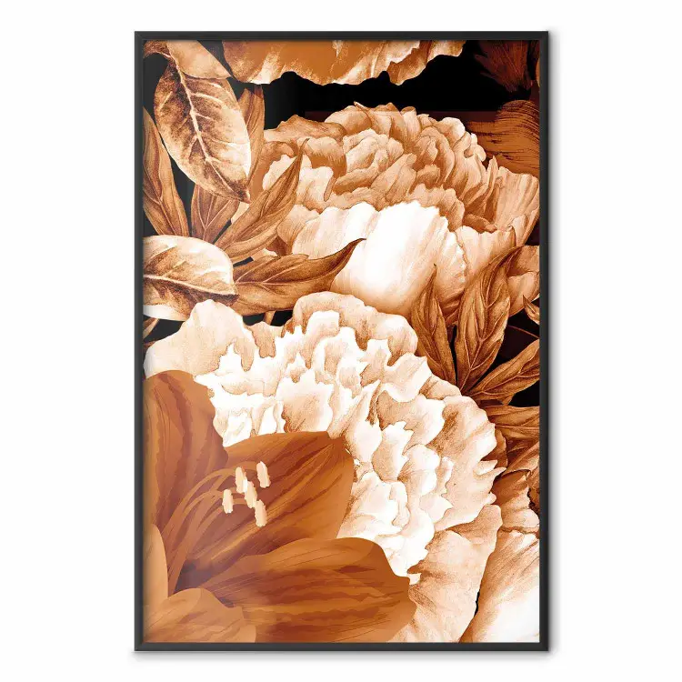 Lys et Pivoines - fleurs et feuilles en sépia sur noir