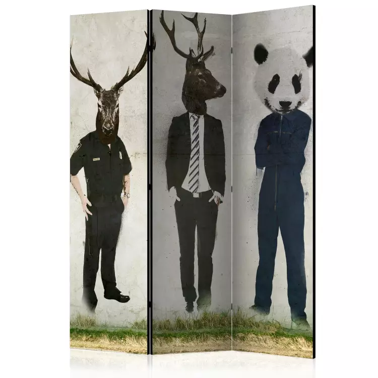 Homme ou Animal ? (3 panneaux) - silhouettes humaines, têtes d'animaux
