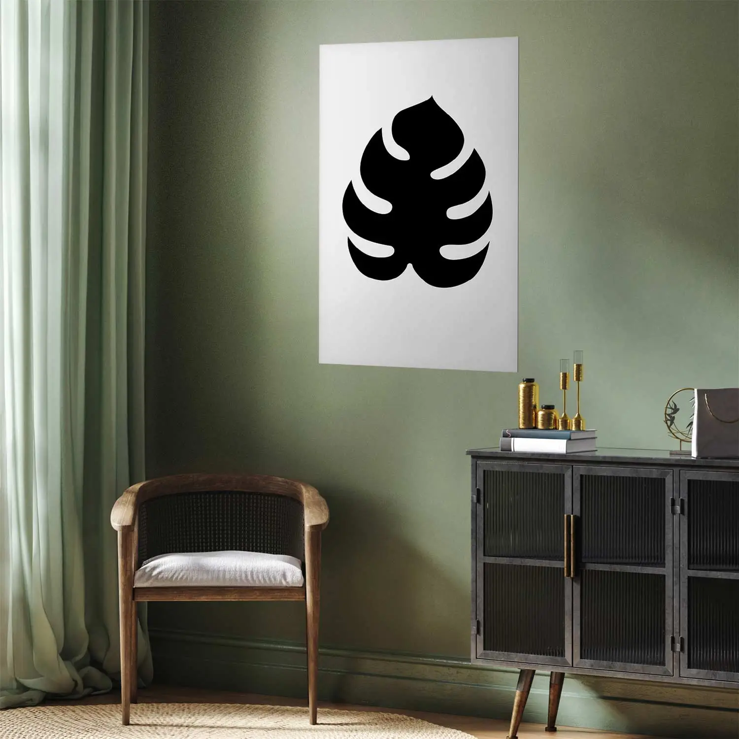 Poster Monstera noire - feuille tropicale sur fond blanc - bimago.fr