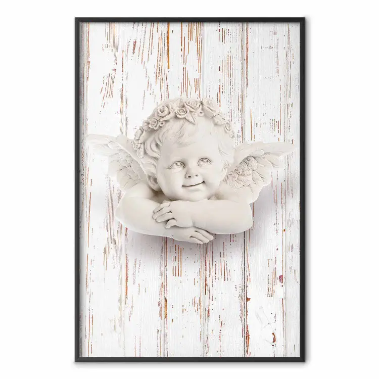 Aube heureuse - statue d'ange sur texture bois