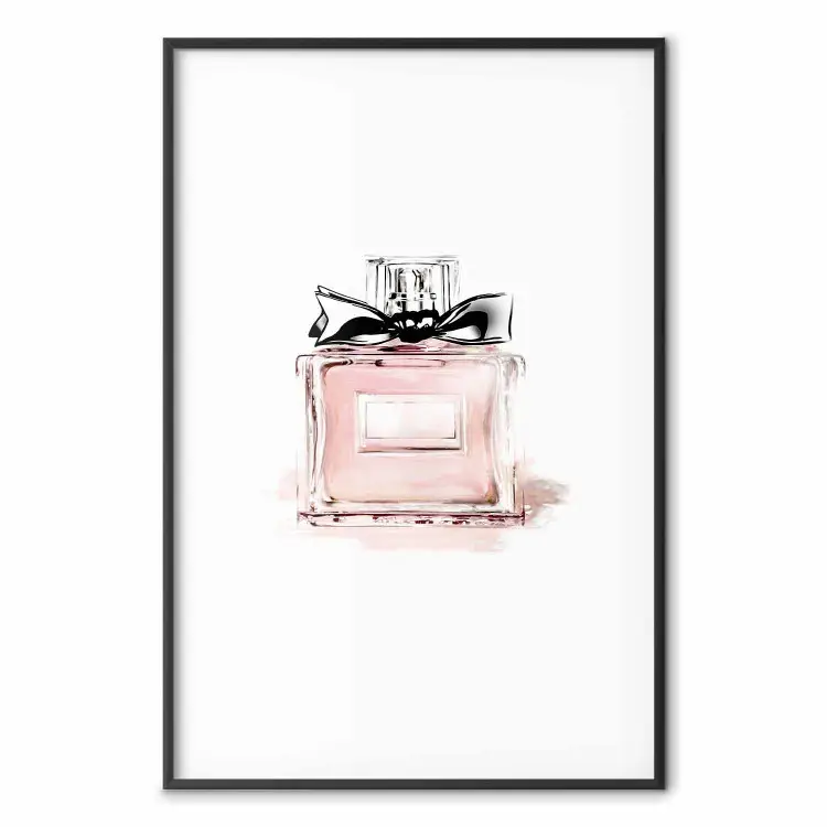 Parfums - flacon rose avec ruban noir sur pastel
