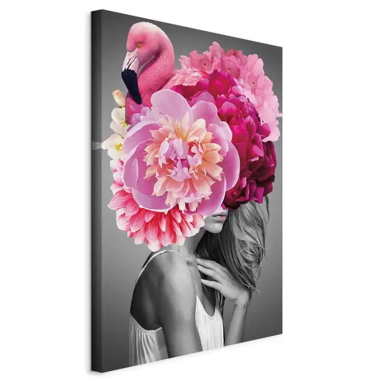 Fille Flamant vertical - femme avec oiseau et pivoine