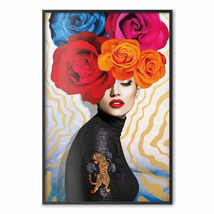 Tigre Épaule - portrait femme avec fleurs colorées