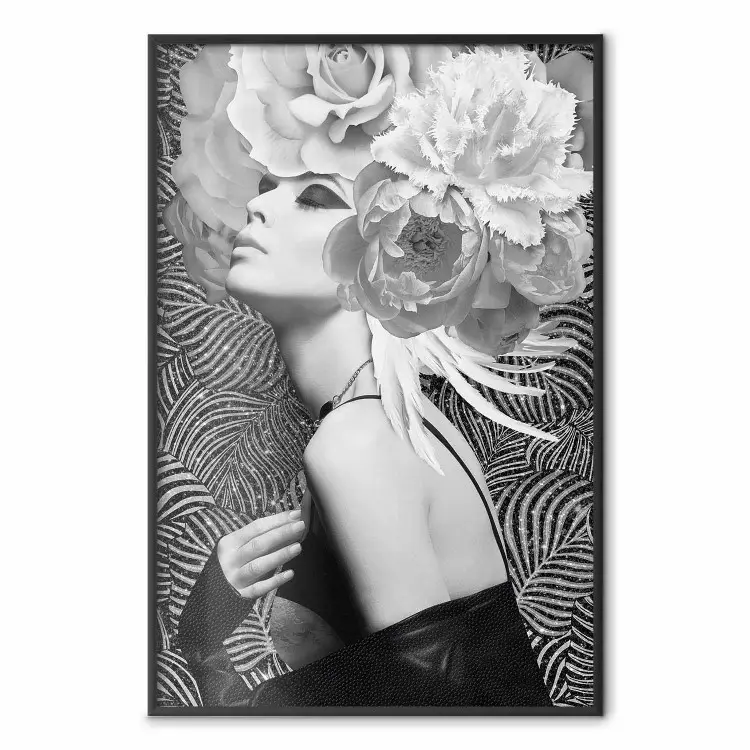 Princesse Argentée - portrait avec fleurs sur fond abstrait