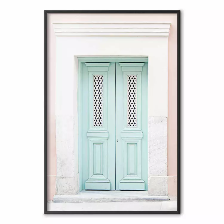 Invitation menthe - portes turquoises sur fond d'architecture pastel