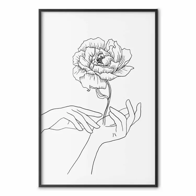 Toucher délicat - line art noir de mains et de fleurs, fond uni
