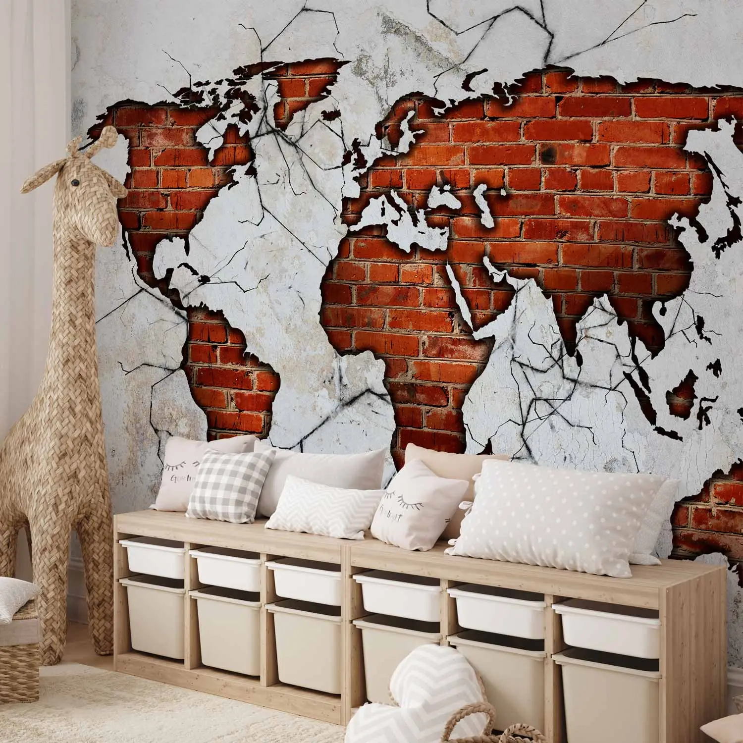 Tapisserie Murale Carte Du Monde Style Rustique Brique - Tissu Art Print - Neuf