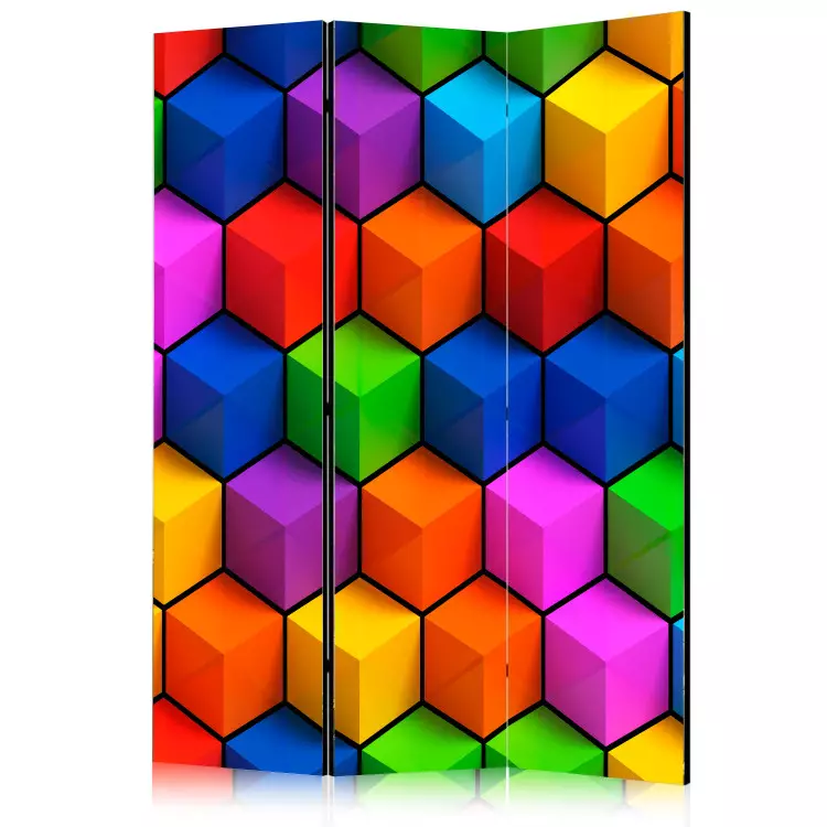 Champs géométriques colorés (3 panneaux) - abstraction en cubes