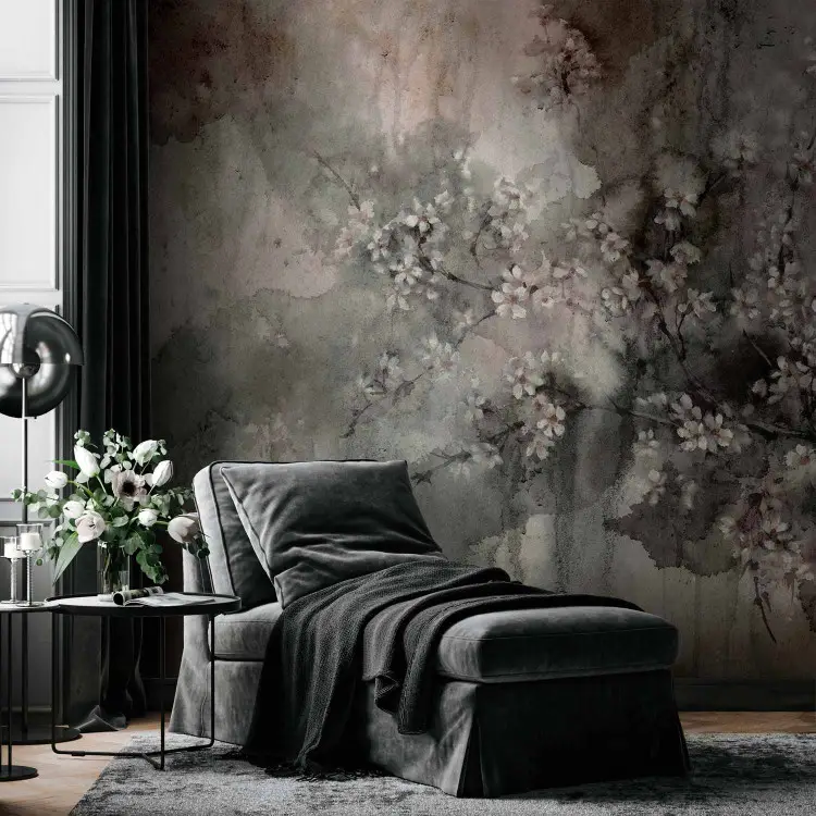 Abstraction paysagère - arbre en fleurs sur fond aquarelle gris