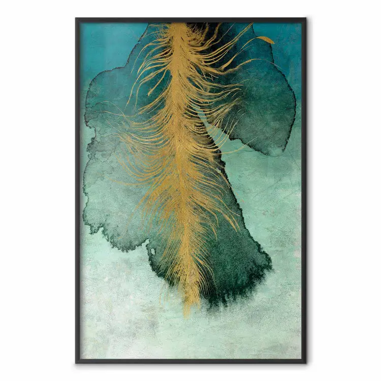 Composition céleste - plume dorée sur fond abstrait turquoise