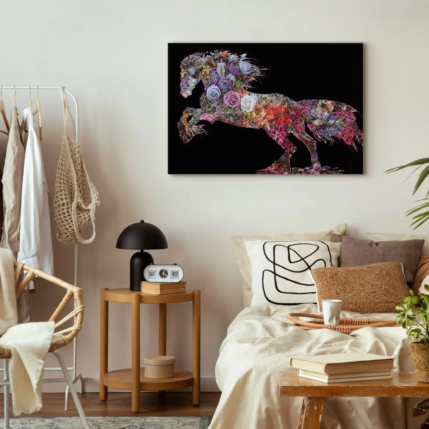 Tableau Mural Cheval Mustang Abstrait Rose - Impression Sur Toile 90x60 Cm, Cadre En Bois, Décoration Moderne