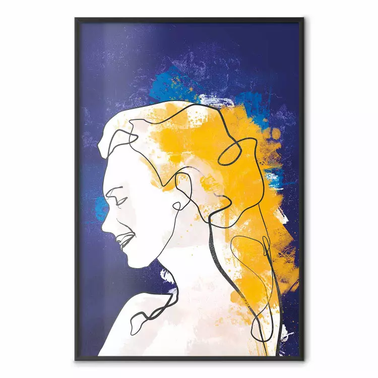 Portrait d'une femme - design linéaire abstrait sur fond bleu