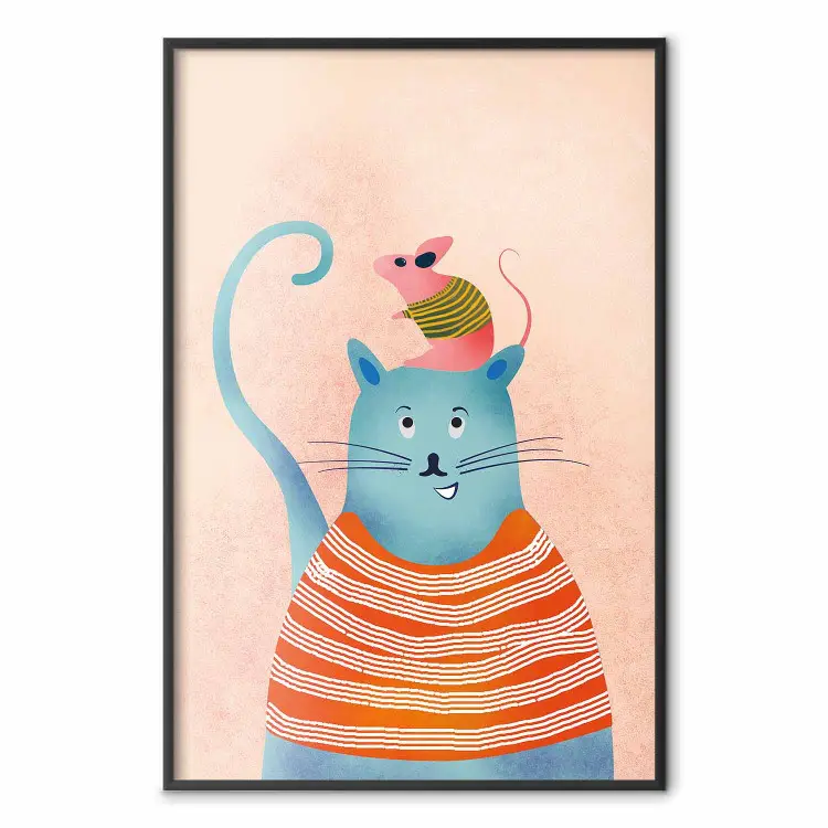 Bons amis - chat bleu amusant et souris rose sur fond clair