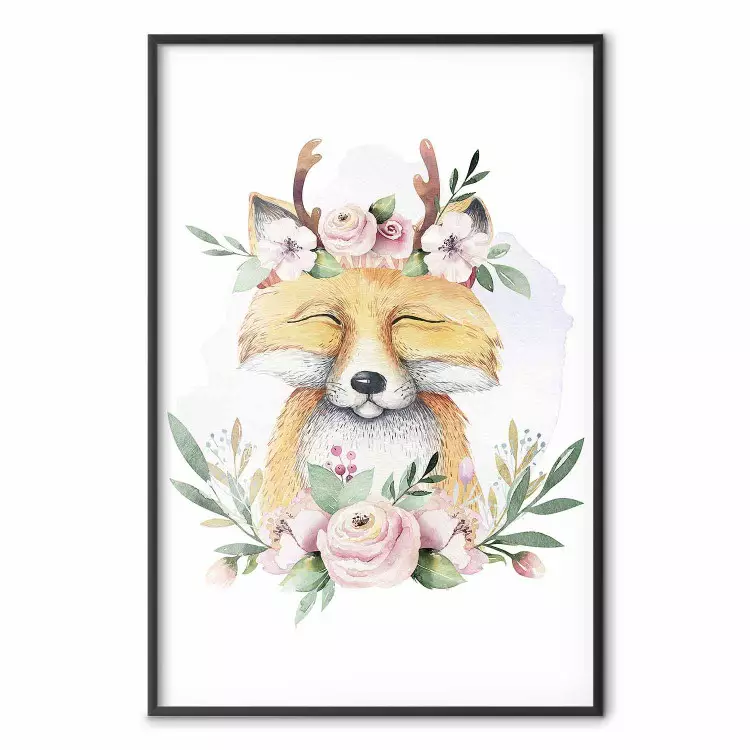 Renard - animal charmant entouré de fleurs sur fond blanc