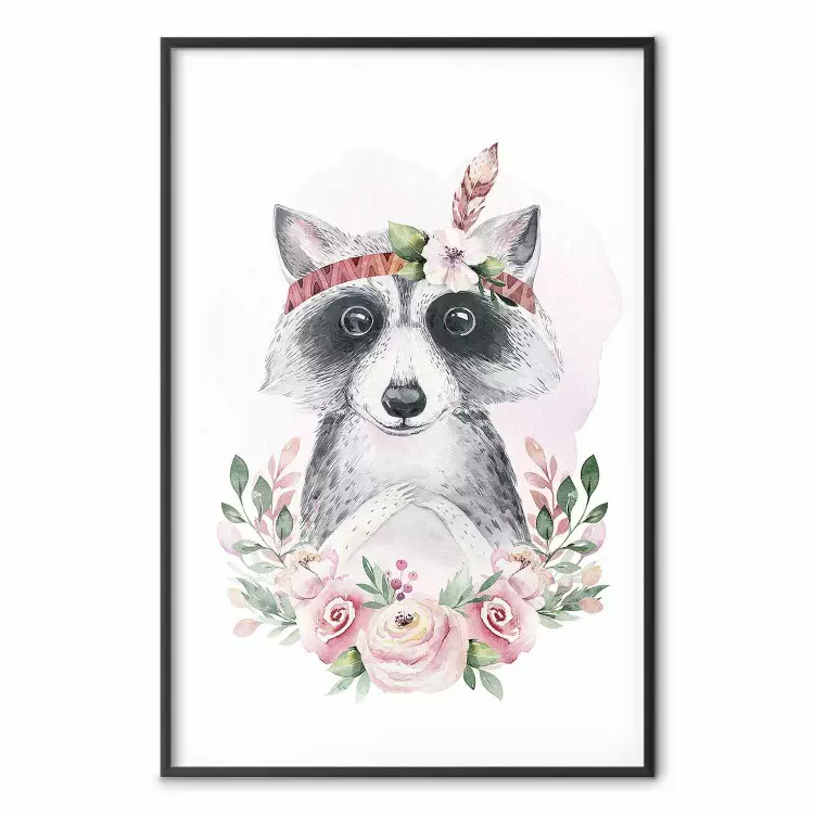 Raton laveur - animal charmant entouré de fleurs sur fond blanc