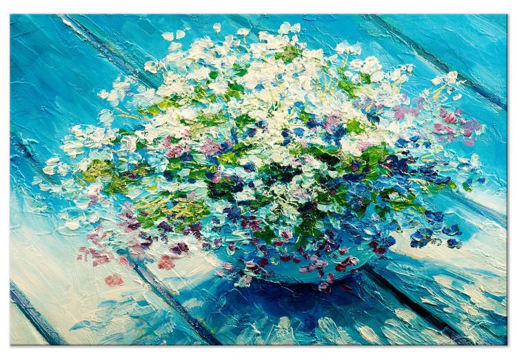 Tableau FLEURS bouquet vase bleu peinture acrylique et feuilles