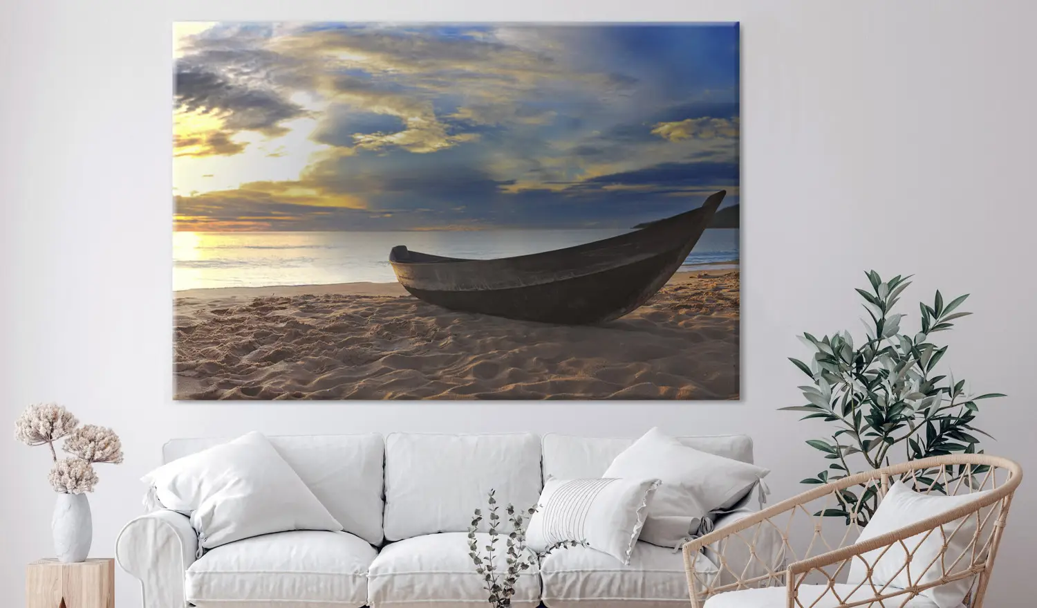Tableau Déco Moderne - Triptyque Bateau Sur Plage, Impression Sur Bois - 97 X 62 Cm - Prêt à Accrocher