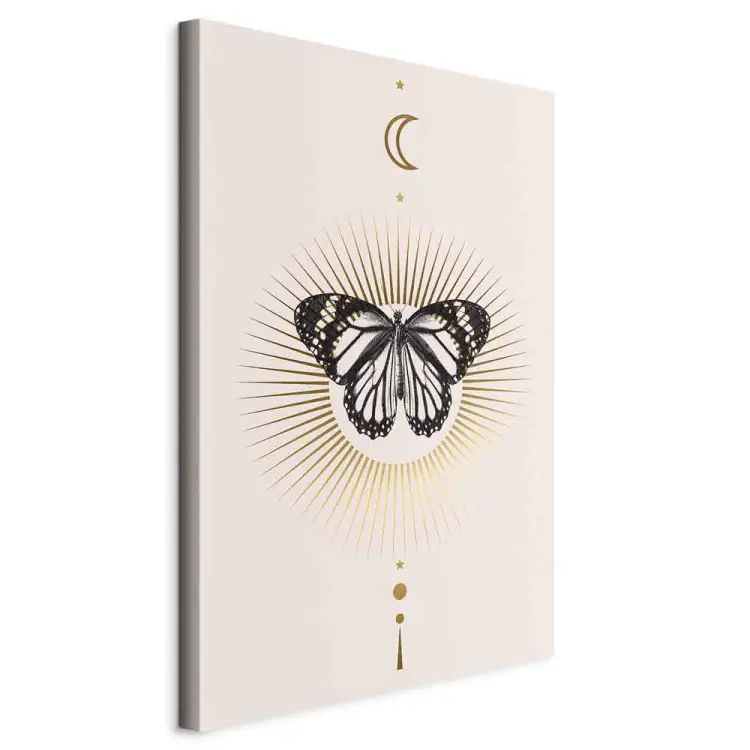 Un papillon noir et blanc - un papillon, le soleil, la lune et les planètes du système solaire sur un fond couleur perle dans le style scandiboho