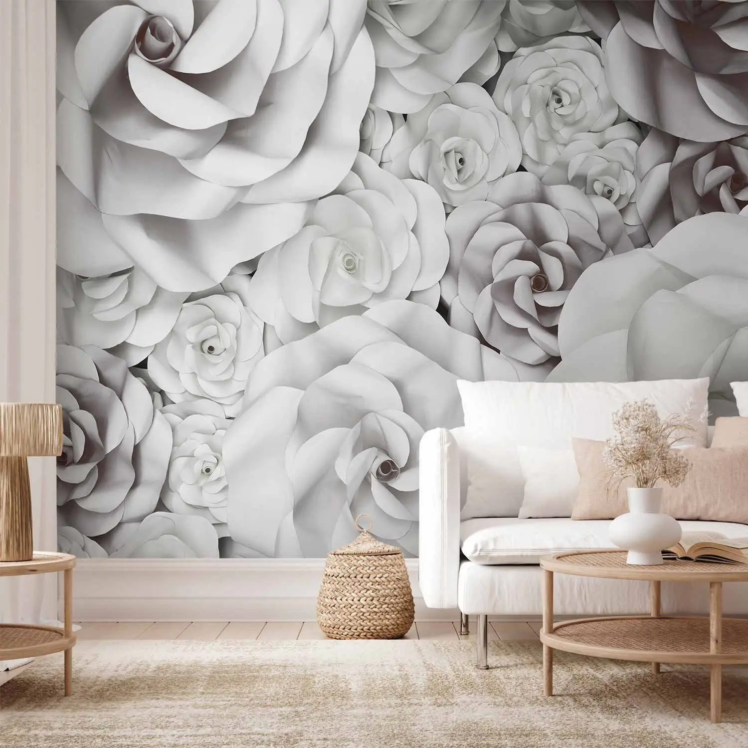 Tableau Toile Déco 50x70cm - Roses Blanches Sur Fond Noir, Art Floral Texturé, Sans Cadre - 9