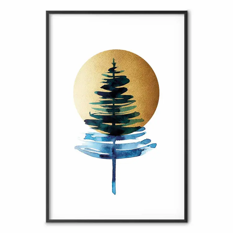 Poster Hiver - motif du sapin à l'aquarelle et de pleine lune dorée ...