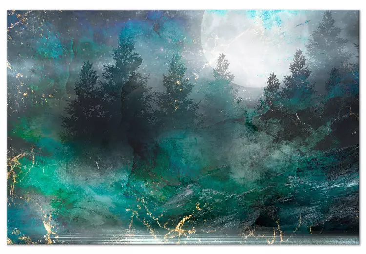 Plénitude turquoise (1 partie) large - Forêt de conifères et lune