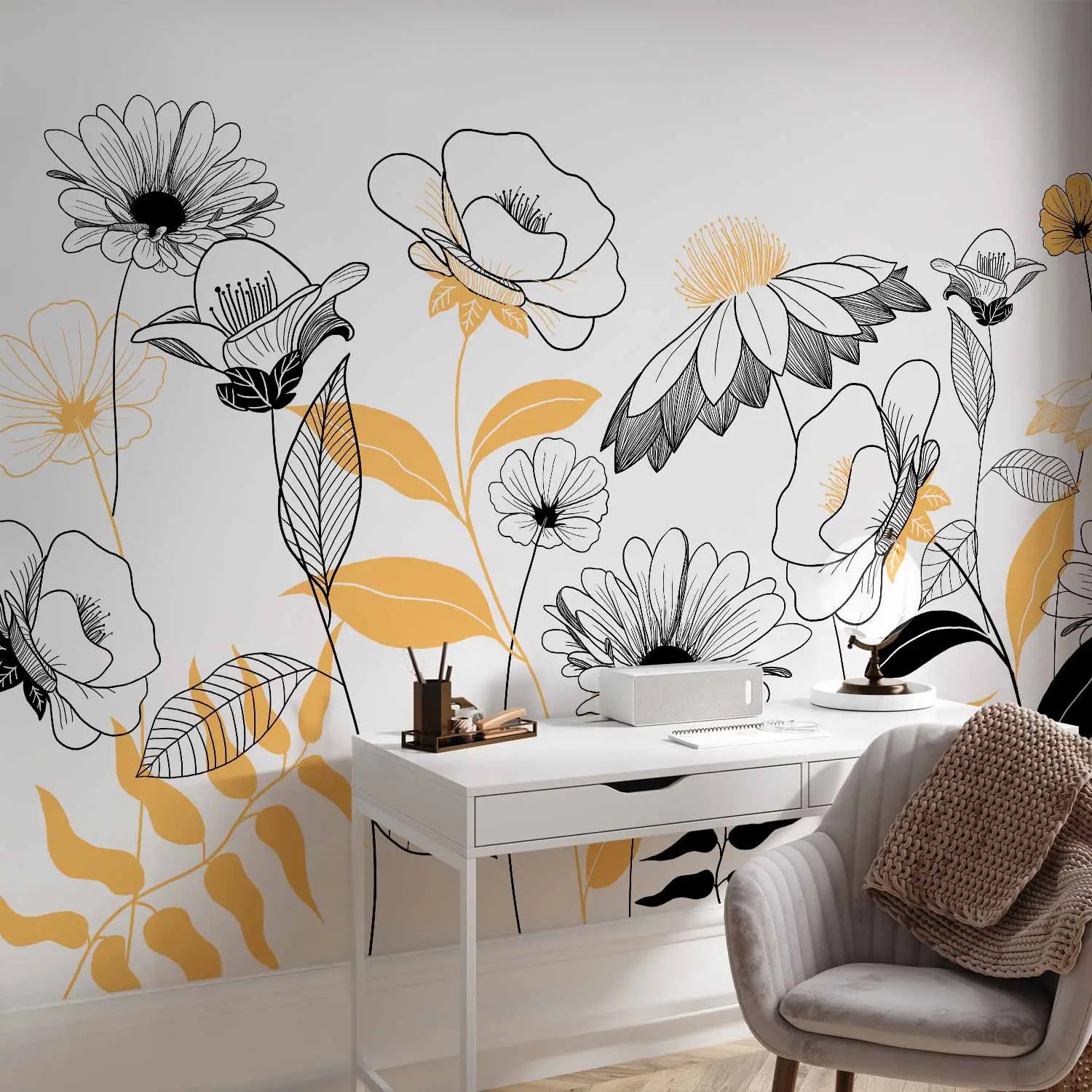 Tenture Murale Signare 140x105 Cm (55"x41") - Motif Floral Blanc, Orange, Vert - Coton - Neuf