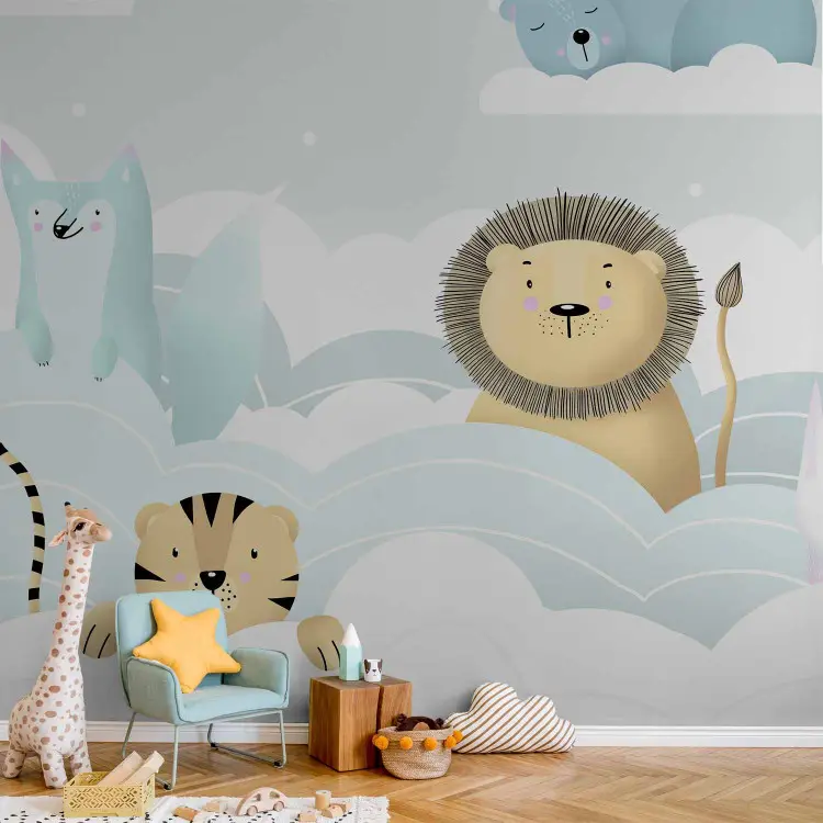Animaux - lapin, lion, tigre avec des amis dans les nuages