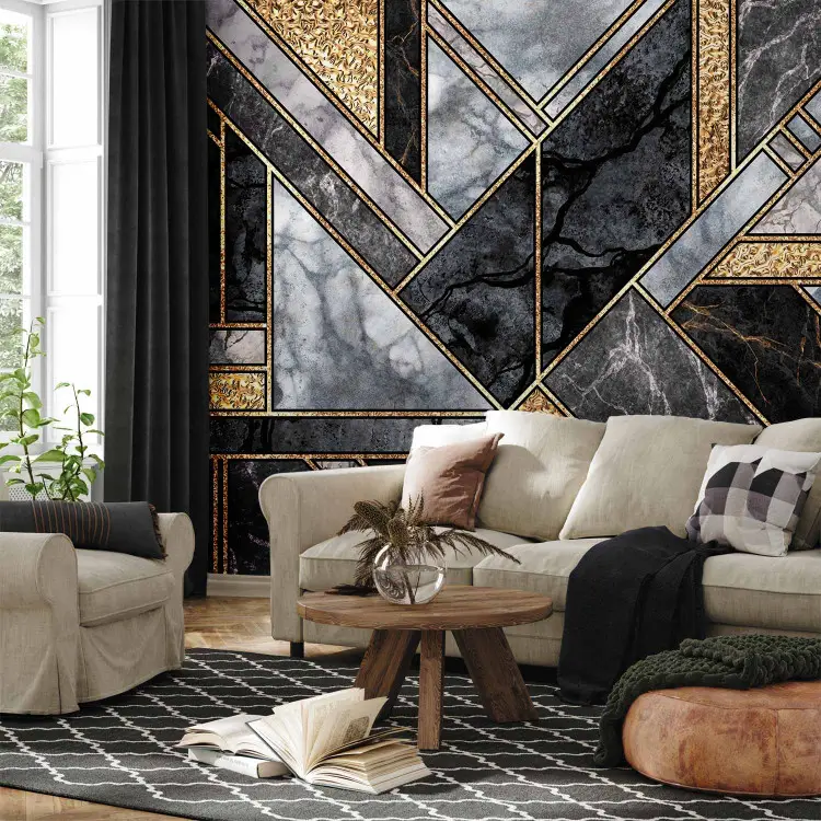 Art déco géométrique - marbre gris et noir avec des motifs dorés