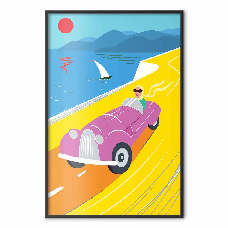 Raid coloré - femme dans une voiture sur fond de mer avec bateau