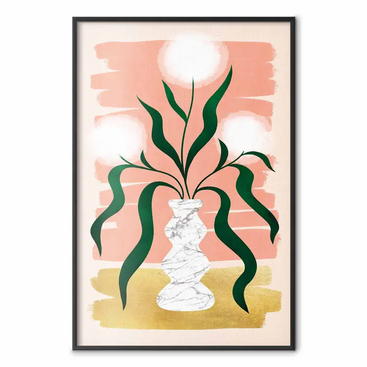 Pissenlits dans un vase - fleurs avec feuilles sur fond doré et rose