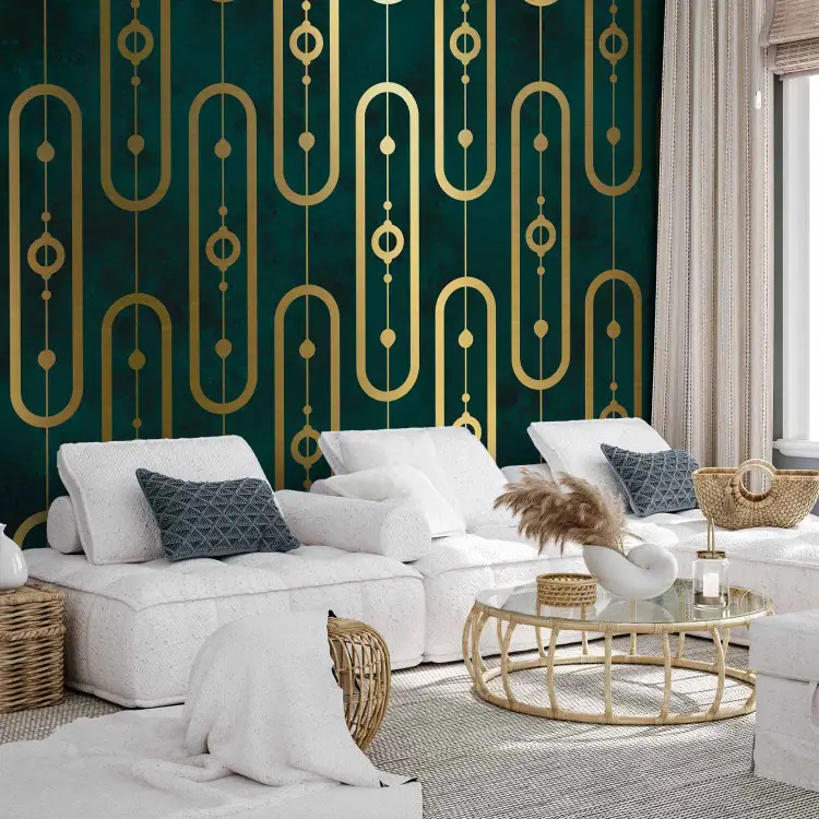 Art déco - abstraction avec motif de chaîne dorée sur fond turquoise
