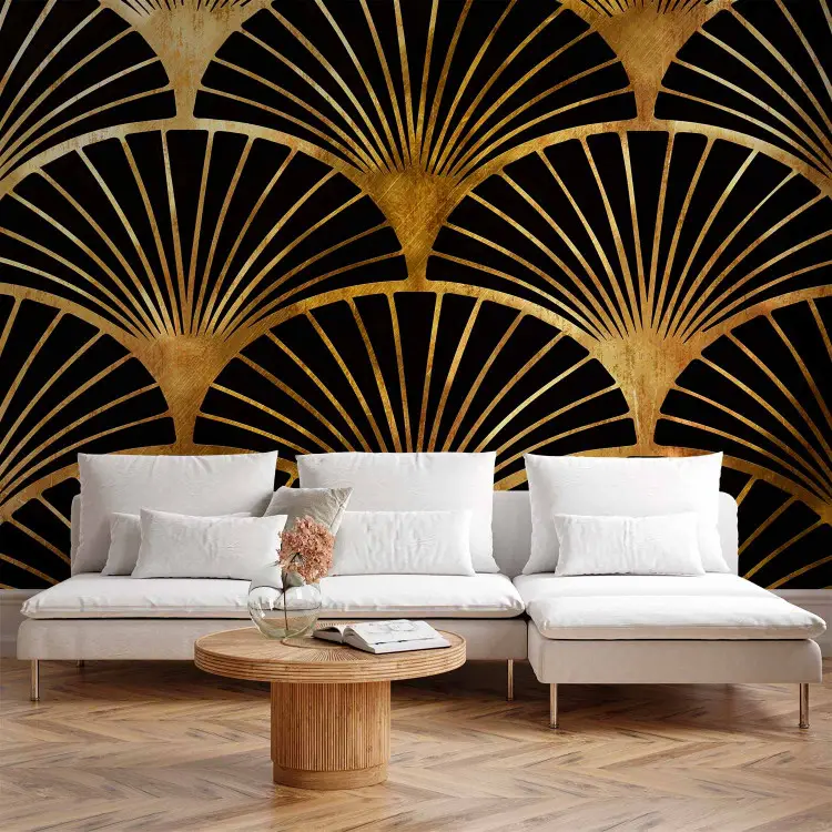 Éventail art déco - abstraction avec des éventails noirs sur fond doré