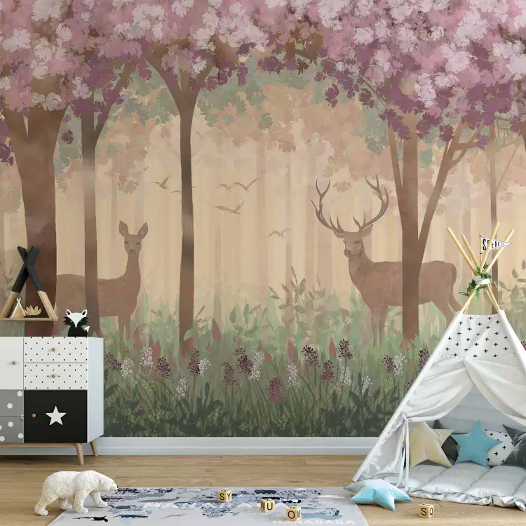 Paysage pour enfants - motif d'animaux sauvages sur fond de forêt de conte de fées