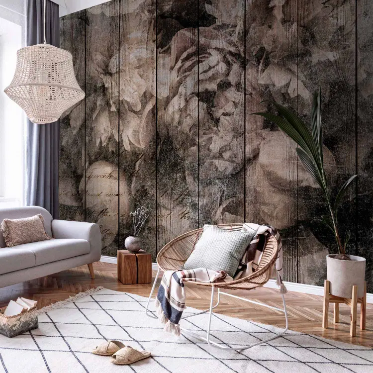 Vintage - fleurs beiges sur une texture de planches en bois