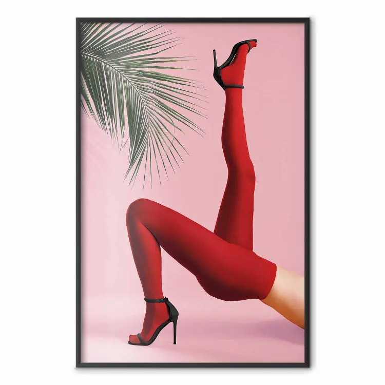 Collants rouges - jambes femme, feuille palmier fond rose
