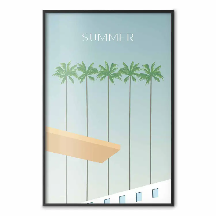 Soleil estival -  vacances, palmiers au-dessus piscine, style rétro