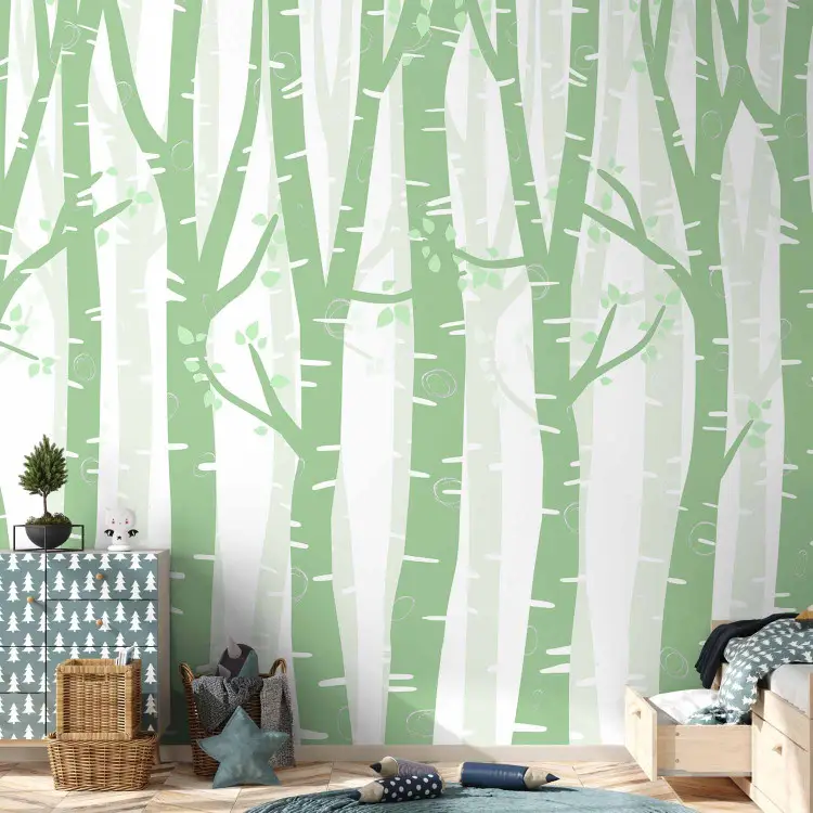 Forêt de style pastel - arbres de bouleau verts avec feuilles claires