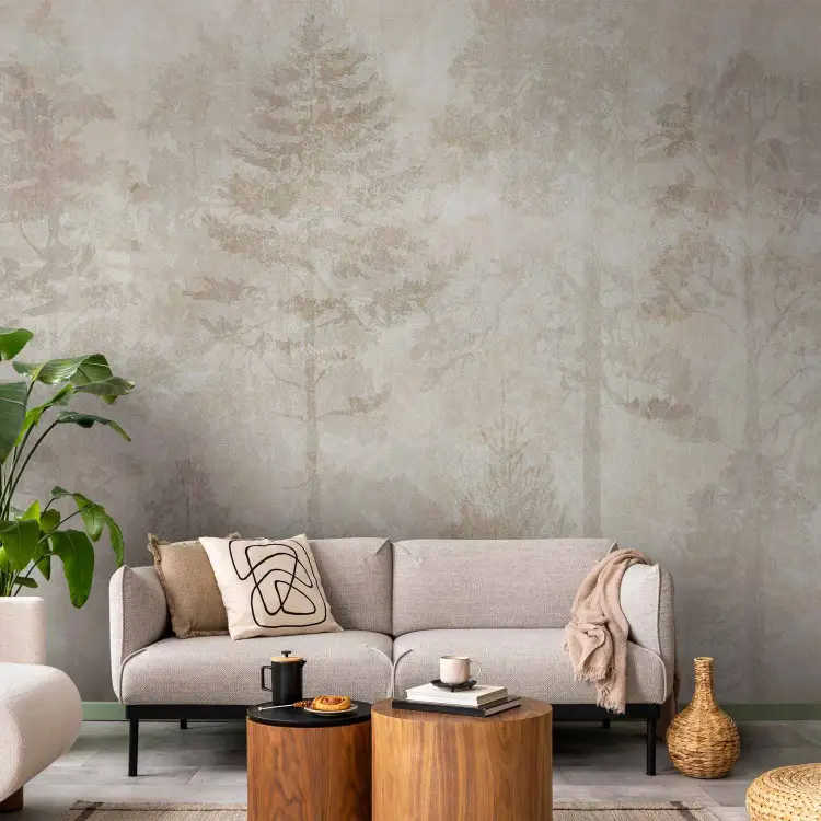 Forêt onirique - graphisme avec arbres sur fond pierreux beige-crème