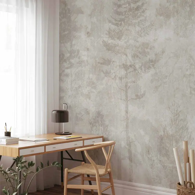 Forêt onirique - graphisme avec arbres sur fond pierreux beige-gris